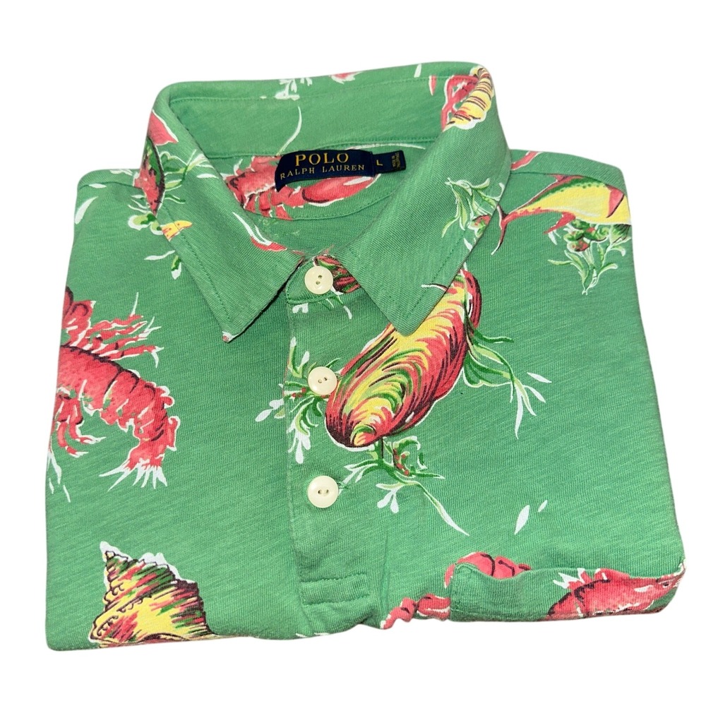Polo Ralph Lauren Mens Green Lobster Crab Seafood Print Polo Shirt Large Pocket